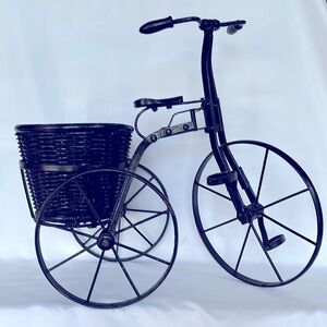 Vintage Black Metal & Wood Tricycle Bicycle Wicker Basket Metal Tricycle Planter